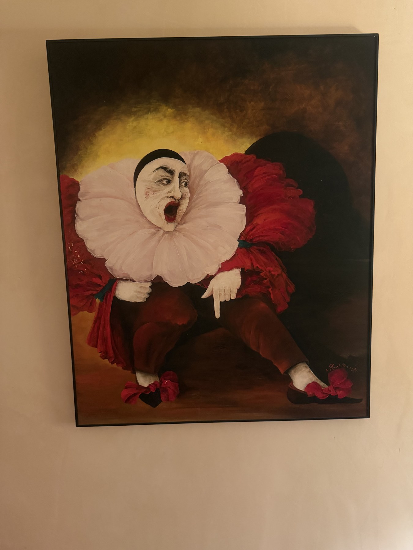 Peinture représentant un personnage en costume rouge avec une grande collerette blanche